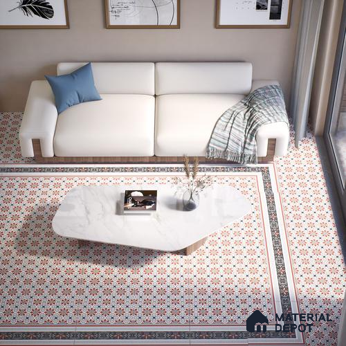 Moroccan Carpet Floor Tile TL 00206 B Border Red & White 1 ft x 1 ft Matte Finish Ceramic Tile - 9 mm | Suitable For Living Room, Kitchen, Bathroom | Please Expect a Slight Variation of Pattern