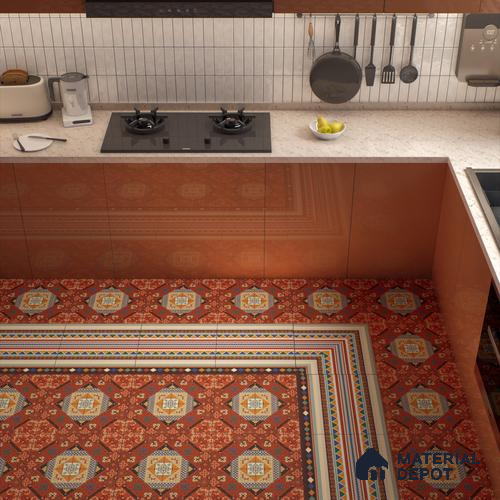 Moroccan Carpet Floor Tile TL 00204 B Border Red 1 ft x 1 ft Matte Finish Ceramic Tile - 9 mm | Suitable For Living Room, Kitchen, Bathroom | Please Expect a Slight Variation of Pattern