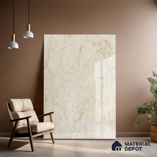 Large Format Marble Floor & Wall Tile TL 01480 A Tulip Crema 6 ft x 4 ft Glossy Finish Vitrified Tile - 9 mm | Suitable For Living Room, Bedroom, Office | Adhesive and Spacers Must be Used During Installation