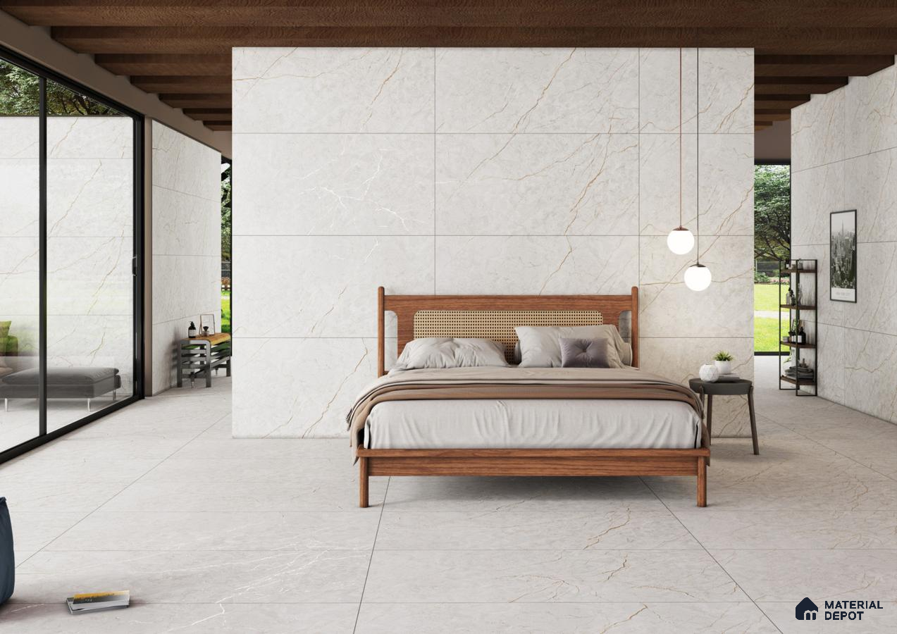 Modern Tranquility: Bedroom with Marble-Inspired Tiles | Material Depot