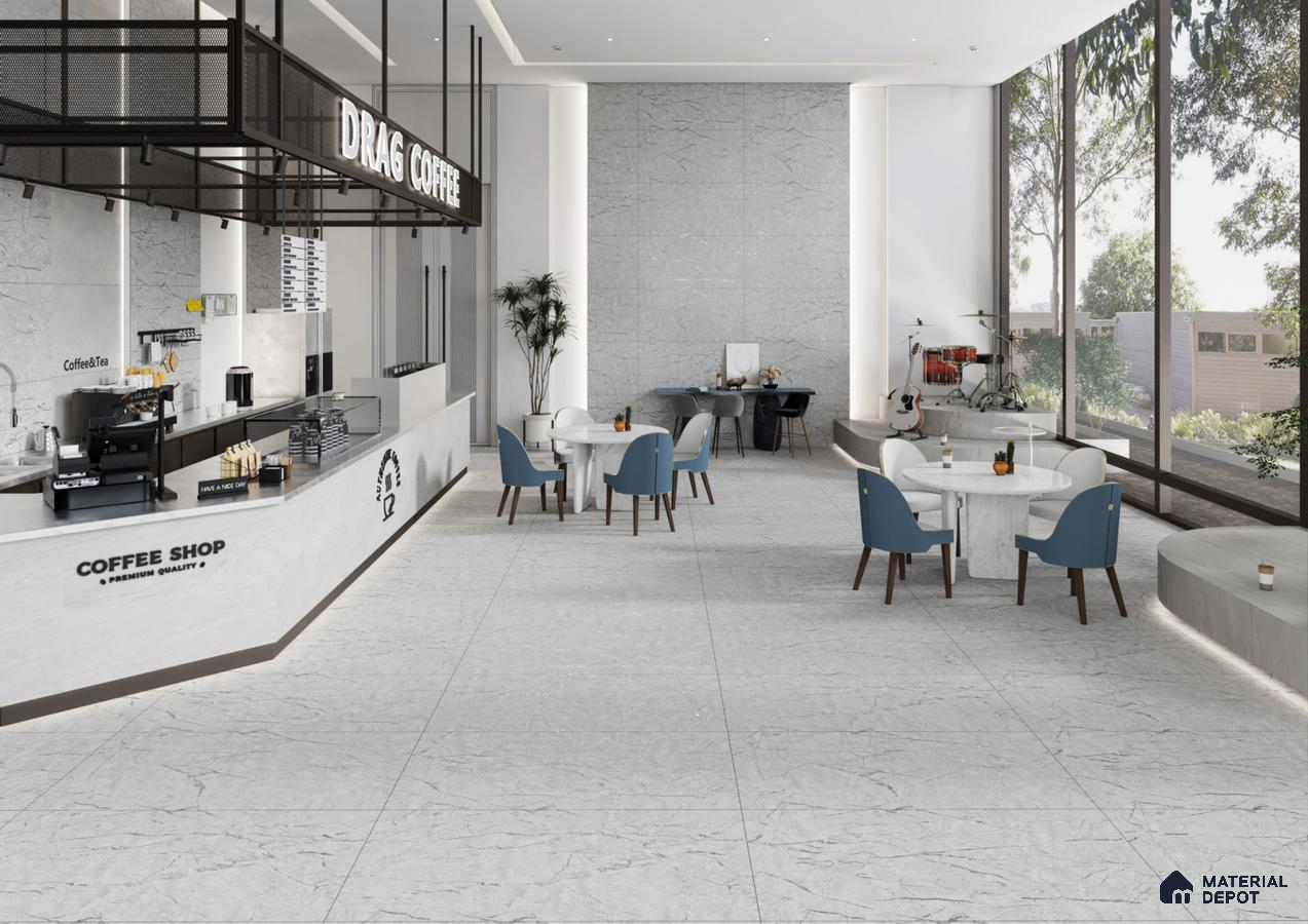 Contemporary Coffee Shop with Elegant Marble-Inspired Tiles | Material Depot