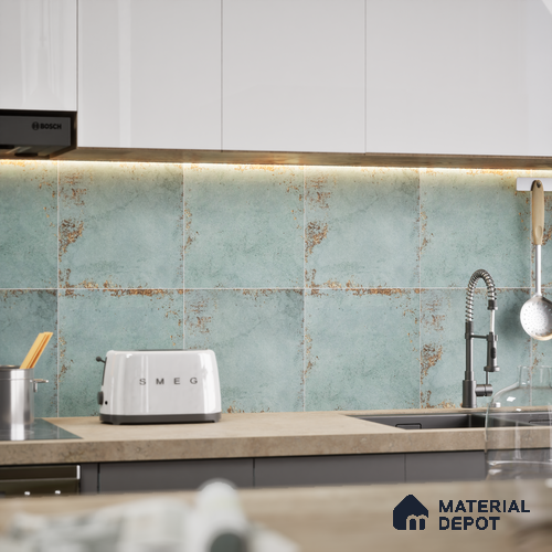 Punch Stone Wall Tile TL 04930 D Imperial Grace Base Antique Floral Green 1 ft x 1 ft Ceramic Matte Finish - 9 mm | Suitable for Living Room, Bedroom, Bathroom, Courtyard, Balcony