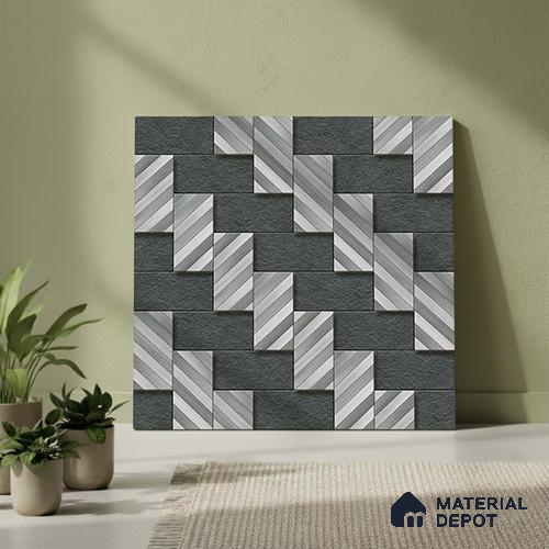Stone Floor Tile TL 05300 O Strada Herringbone Haze Black 20 inch x 20 inch Vitrified Matte Finish - 12 mm | Suitable for Parking, Balcony, Courtyard, Patio, Terrace | Pattern Alignment May Vary | 2-3 mm Spacer is Mandatory