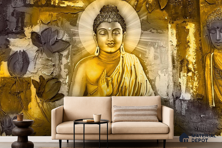 Radiance of the Enlightened Buddha At Meditation | WP 04099 B Canvas Texture Finish Indian Style luxurious Customized size Wallpaper | 250 GSM WP01CNF Paper | (MOQ = 30 Sq. Ft.)