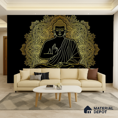 Golden Mandala of Inner Awakening Buddha At Meditation | WP 04096 B Canvas Texture Finish Indian Style luxurious Customized size Wallpaper | 250 GSM WP01CNF Paper | (MOQ = 30 Sq. Ft.)