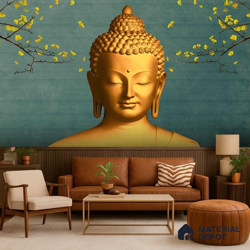 Petals of Enlightenment Golden Buddha With Nature | WP 04107 Non Woven Matte Finish Indian Style Premium Customized size Wallpaper | 150 GSM WP01MTF Paper | (MOQ = 30 Sq. Ft.)