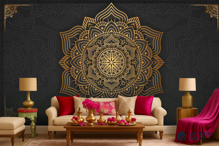Geometry of Stillness Mandala Design | WP 04113 B Canvas Texture Finish Indian Style luxurious Customized size Wallpaper | 250 GSM WP01CNF Paper | (MOQ = 30 Sq. Ft.)