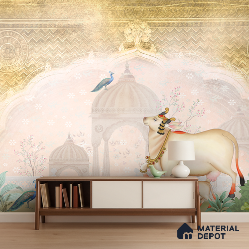 Ivory Garden Gau Pichwai Chikankari Flower Stencil | WP 04182 Non Woven Matte Finish Animal Print,Pichwai Style Premium Customized size Wallpaper | 150 GSM WP01MTF Paper | (MOQ = 30 Sq. Ft.) | Design change not possible