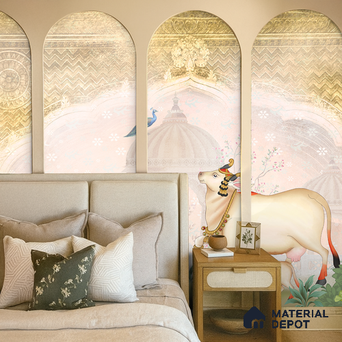 Ivory Garden Gau Pichwai Chikankari Flower Stencil | WP 04182 B Canvas Texture Finish Animal Print,Pichwai Style luxurious Customized size Wallpaper | 250 GSM WP01CNF Paper | (MOQ = 30 Sq. Ft.) | Design change not possible