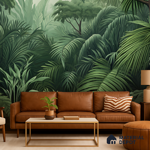 Emerald Green Lush Rainforest Leaves Abstract Serenity Art | WP 03922 B Canvas Texture Finish Tropical Style luxurious Customized size Wallpaper | 250 GSM WP01CNF Paper | (MOQ = 30 Sq. Ft.)