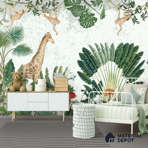 Botanical Safari Animals In Green Forest | WP 04057 Canvas Texture Finish Animal Print Style luxurious Customized size Wallpaper | 250 GSM WP01CNF Paper | (MOQ = 30 Sq. Ft.)