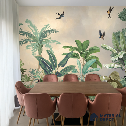 Golden Canopy Tropical Flight Artistic Charm Designer | WP 03967 Non Woven Matte Finish Tropical Style Premium Customized size Wallpaper | 150 GSM WP01MTF Paper | (MOQ = 30 Sq. Ft.)