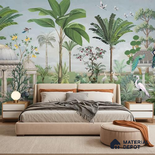 Peacocks of the Garden Pavilion Artistic Charm Designer | WP 04000 B Canvas Texture Finish Tropical Style luxurious Customized size Wallpaper | 250 GSM WP01CNF Paper | (MOQ = 30 Sq. Ft.)
