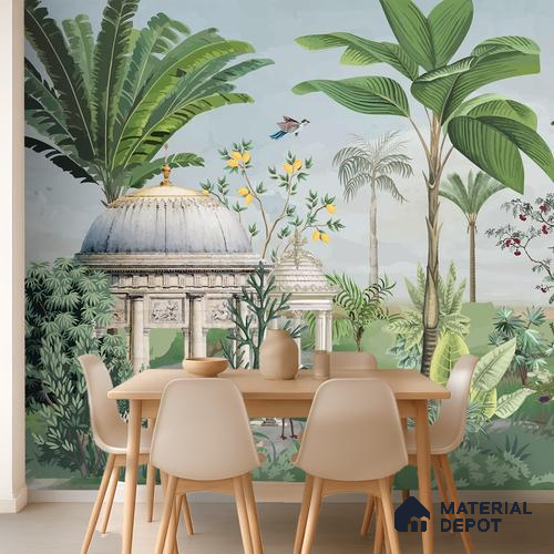 Peacocks of the Garden Pavilion Artistic Charm Designer | WP 04000 Non Woven Matte Finish Tropical Style Premium Customized size Wallpaper | 150 GSM WP01MTF Paper | (MOQ = 30 Sq. Ft.)