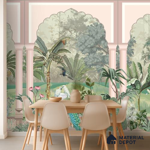 Royal Garden Arcade with Peacocks Artistic Charm Designer | WP 03966 Non Woven Matte Finish Tropical Style Premium Customized size Wallpaper | 150 GSM WP01MTF Paper | (MOQ = 30 Sq. Ft.)