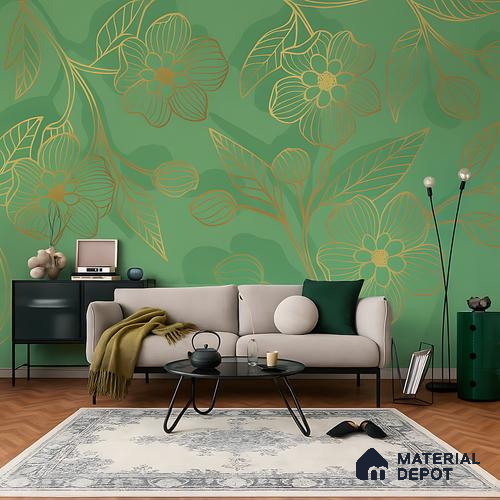 Golden Botanica on Sage Classic Garden Rose Print | WP 04123 B Non Woven Matte Finish Florals Style Premium Customized size Wallpaper | 150 GSM WP01MTF Paper | (MOQ = 30 Sq. Ft.)