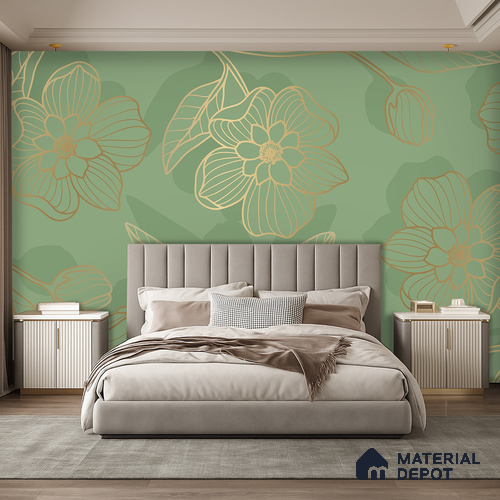 Golden Botanica on Sage Classic Garden Rose Print | WP 04123 B Non Woven Matte Finish Florals Style Premium Customized size Wallpaper | 150 GSM WP01MTF Paper | (MOQ = 30 Sq. Ft.)