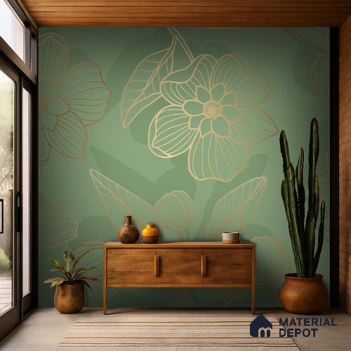 Golden Botanica on Sage Classic Garden Rose Print | WP 04123 Canvas Texture Finish Florals Style luxurious Customized size Wallpaper | 250 GSM WP01CNF Paper | (MOQ = 30 Sq. Ft.)
