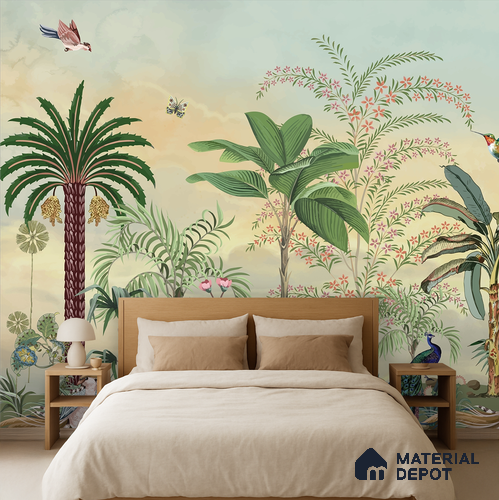 Golden Canopy Peacock Garden Dreamy Artistic | WP 03978 Non Woven Matte Finish Tropical Style Premium Customized size Wallpaper | 150 GSM WP01MTF Paper | (MOQ = 30 Sq. Ft.)