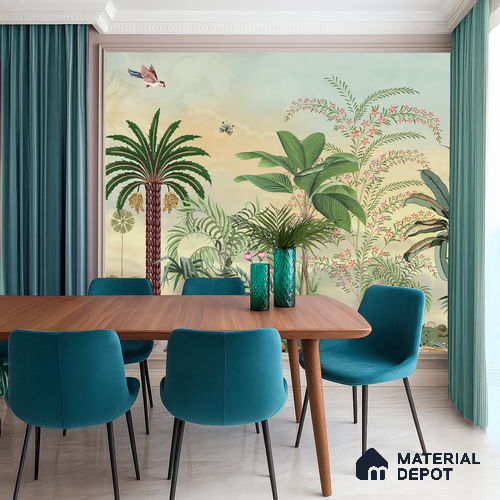 Golden Canopy Peacock Garden Dreamy Artistic | WP 03978 B Canvas Texture Finish Tropical Style luxurious Customized size Wallpaper | 250 GSM WP01CNF Paper | (MOQ = 30 Sq. Ft.)