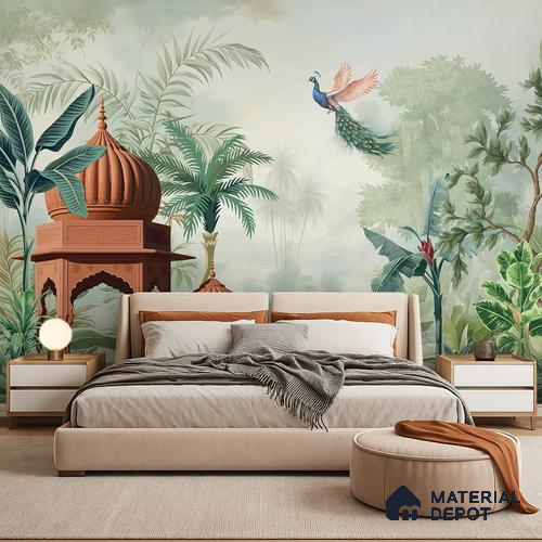 Amber Pavilion Peacock Flight Dreamy Artistic | WP 03981 B Canvas Texture Finish Tropical Style luxurious Customized size Wallpaper | 250 GSM WP01CNF Paper | (MOQ = 30 Sq. Ft.)