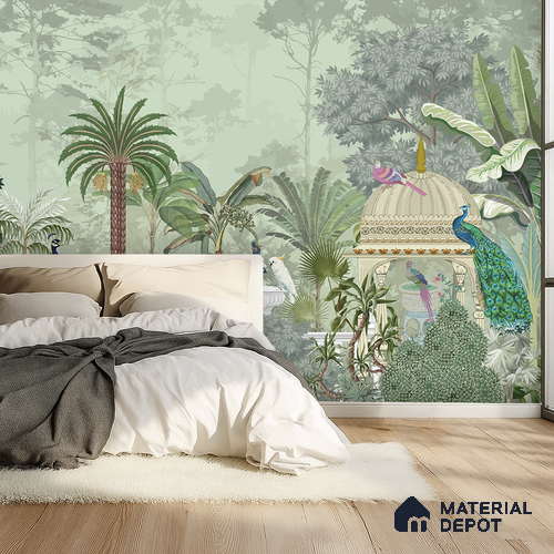 Emerald Mist Peacock Pavilion Dreamy Artistic | WP 03980 B Canvas Texture Finish Tropical Style luxurious Customized size Wallpaper | 250 GSM WP01CNF Paper | (MOQ = 30 Sq. Ft.)