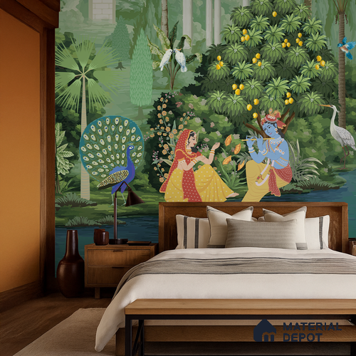 Vrindavan Bagh Elegant Mandala Shawl Print | WP 04170 B Canvas Texture Finish Tropical,Pichwai Style luxurious Customized size Wallpaper | 250 GSM WP01CNF Paper | (MOQ = 30 Sq. Ft.) | Design change not possible