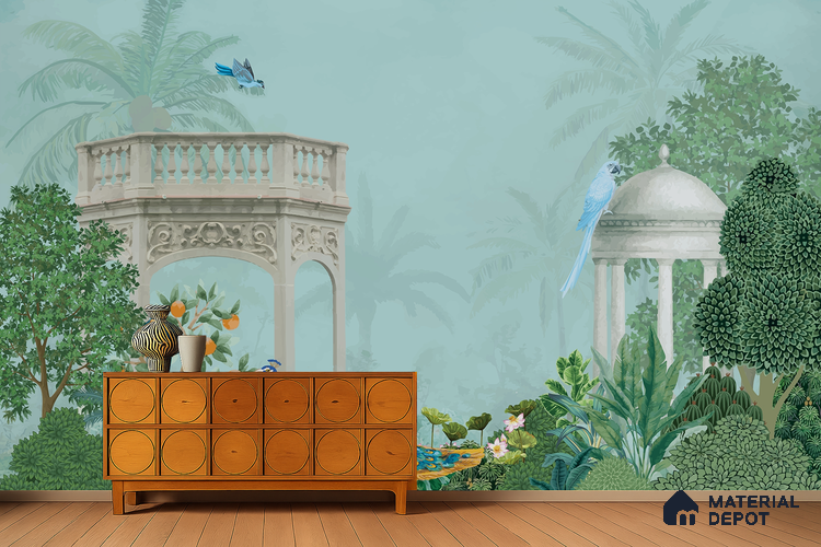 Peacock in the Palm Garden Leaf Tapestry | WP 04186 Non Woven Matte Finish Indian Style Premium Customized size Wallpaper | 150 GSM WP01MTF Paper | (MOQ = 30 Sq. Ft.)