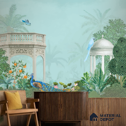 Peacock in the Palm Garden Leaf Tapestry | WP 04186 B Canvas Texture Finish Indian Style luxurious Customized size Wallpaper | 250 GSM WP01CNF Paper | (MOQ = 30 Sq. Ft.)