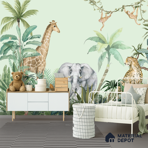 Peekaboo Safari Jungle Animals In Tropical Setting | WP 04058 B Non Woven Matte Finish Animal Print Style Premium Customized size Wallpaper | 150 GSM WP01MTF Paper | (MOQ = 30 Sq. Ft.)