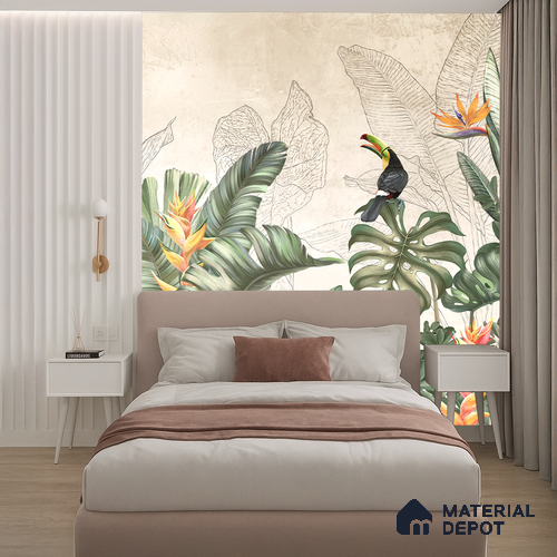 Illustrated Tropical Canopy with Birds Leafy Hues Botanical Wall Art | WP 03962 Non Woven Matte Finish Tropical Style Premium Customized size Wallpaper | 150 GSM WP01MTF Paper | (MOQ = 30 Sq. Ft.) | Design change not possible