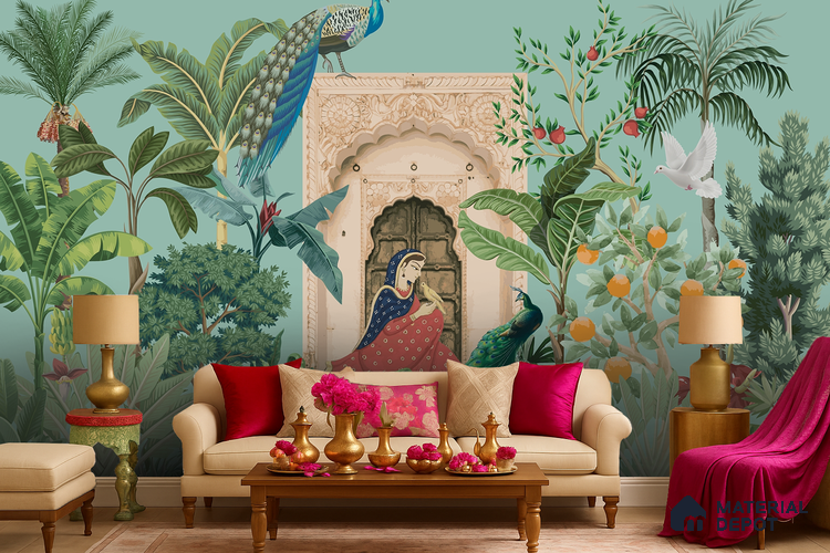 A Moment in the Courtyard Marigold Blossom Batik Design | WP 04174 Non Woven Matte Finish Indian Style Premium Customized size Wallpaper | 150 GSM WP01MTF Paper | (MOQ = 30 Sq. Ft.)