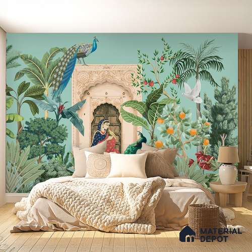 A Moment in the Courtyard Marigold Blossom Batik Design | WP 04174 B Canvas Texture Finish Indian Style luxurious Customized size Wallpaper | 250 GSM WP01CNF Paper | (MOQ = 30 Sq. Ft.)