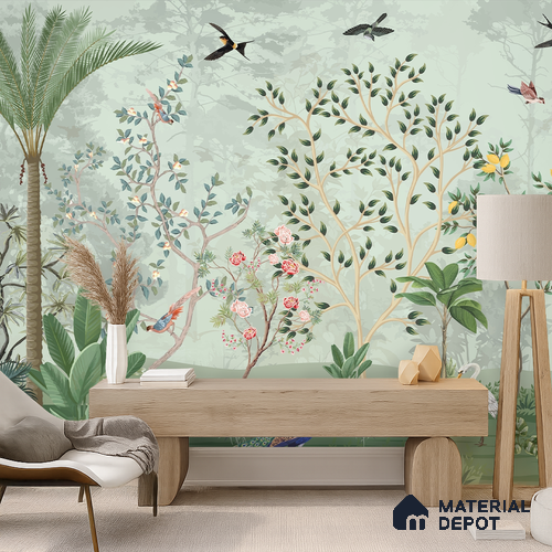 Green Orchard Court Mughal Tropics Chinoserie Mural | WP 03942 Non Woven Matte Finish Chinoiserie Style Premium Customized size Wallpaper | 150 GSM WP01MTF Paper | (MOQ = 30 Sq. Ft.)