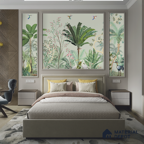 Sage Canopy Exotic Bird Garden Mughal Tropics Chinoserie Mural | WP 03944 Non Woven Matte Finish Chinoiserie Style Premium Customized size Wallpaper | 150 GSM WP01MTF Paper | (MOQ = 30 Sq. Ft.)