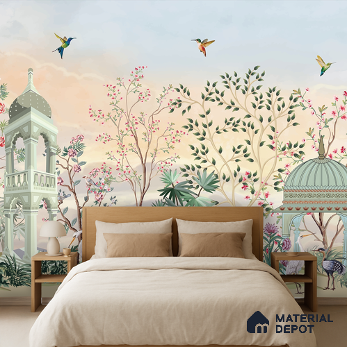 Blossom Pavilion Birdscape Orient Chinoserie Pattern | WP 03973 B Canvas Texture Finish Chinoiserie Style luxurious Customized size Wallpaper | 250 GSM WP01CNF Paper | (MOQ = 30 Sq. Ft.)