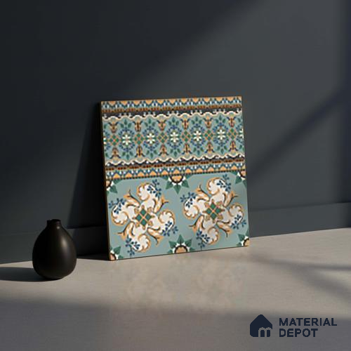 Moroccan Floor Tile TL 10332 B Pavment Green Border | 1 ft x 1 ft Ceramic Matte Finish - 9 mm | Suitable for Living Room, Bedroom, Terrace, Balcony, Dining | Please Expect a Slight Variation of Pattern