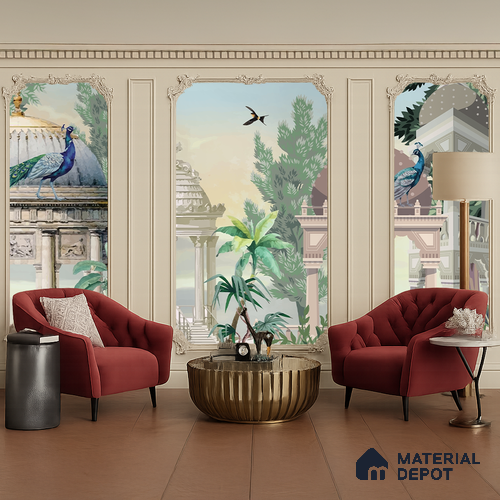 Garden Beneath the Birds | WP 04198 B Canvas Texture Finish Indian Style luxurious Customized size Wallpaper | 250 GSM WP01CNF Paper | (MOQ = 30 Sq. Ft.)