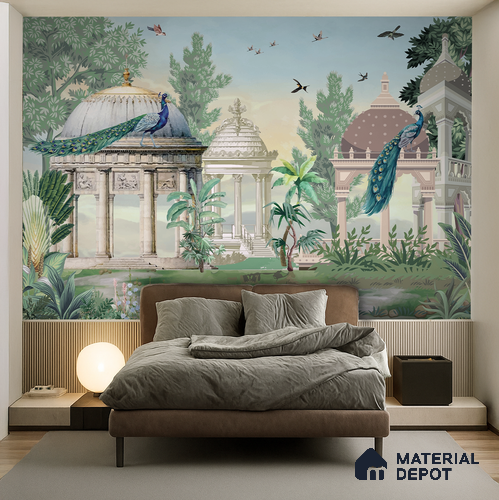 Garden Beneath the Birds | WP 04198 B Canvas Texture Finish Indian Style luxurious Customized size Wallpaper | 250 GSM WP01CNF Paper | (MOQ = 30 Sq. Ft.)