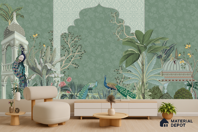 Garden Beyond the Arch Royal Mughal Floral Motif | WP 04194 B Canvas Texture Finish Indian Style luxurious Customized size Wallpaper | 250 GSM WP01CNF Paper | (MOQ = 30 Sq. Ft.)