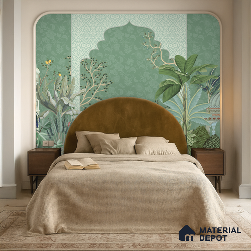 Garden Beyond the Arch Royal Mughal Floral Motif | WP 04194 B Canvas Texture Finish Indian Style luxurious Customized size Wallpaper | 250 GSM WP01CNF Paper | (MOQ = 30 Sq. Ft.)