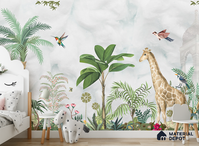 Botanical Safari Mural Savannah Animals On Horizon | WP 04060 Canvas Texture Finish Animal Print Style luxurious Customized size Wallpaper | 250 GSM WP01CNF Paper | (MOQ = 30 Sq. Ft.) | Design change not possible