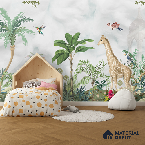 Botanical Safari Mural Savannah Animals On Horizon | WP 04060 B Non Woven Matte Finish Animal Print Style Premium Customized size Wallpaper | 150 GSM WP01MTF Paper | (MOQ = 30 Sq. Ft.) | Design change not possible