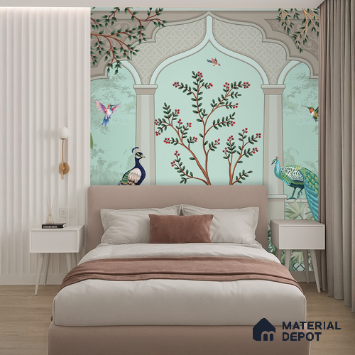 Berry Bough Peacock Jharokha Abstract Nature Art | WP 03984 B Canvas Texture Finish Tropical Style luxurious Customized size Wallpaper | 250 GSM WP01CNF Paper | (MOQ = 30 Sq. Ft.)