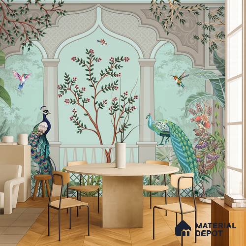 Berry Bough Peacock Jharokha Abstract Nature Art | WP 03984 Non Woven Matte Finish Tropical Style Premium Customized size Wallpaper | 150 GSM WP01MTF Paper | (MOQ = 30 Sq. Ft.)