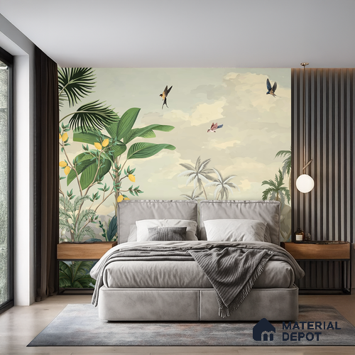 Palm Coast Reverie Tropical Mist Nature Art | WP 03994 Non Woven Matte Finish Tropical Style Premium Customized size Wallpaper | 150 GSM WP01MTF Paper | (MOQ = 30 Sq. Ft.)