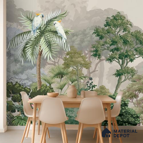Misty Palm Canopy Parrot Tropical Nature Art | WP 03953 B Canvas Texture Finish Tropical Style luxurious Customized size Wallpaper | 250 GSM WP01CNF Paper | (MOQ = 30 Sq. Ft.)