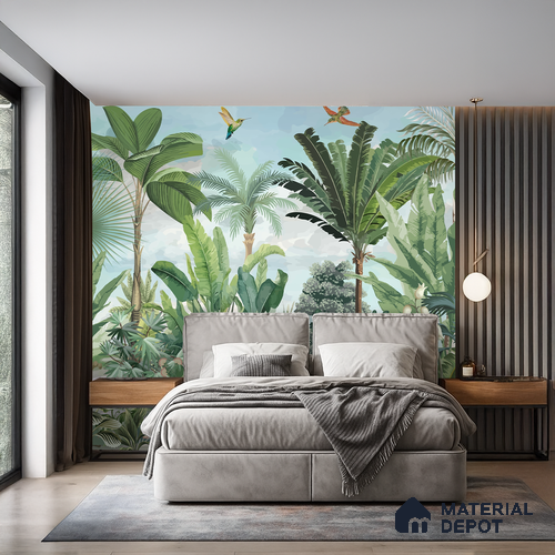Verdant Aviary Tropical Mist Nature Art | WP 03992 Non Woven Matte Finish Tropical Style Premium Customized size Wallpaper | 150 GSM WP01MTF Paper | (MOQ = 30 Sq. Ft.)