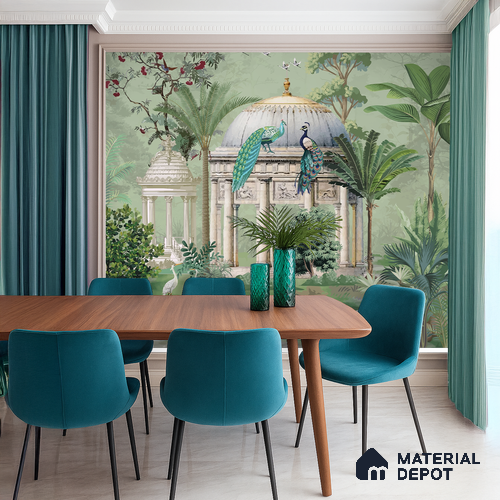 Verdant Pavilion of Peacocks Tropical Mist Nature Art | WP 03990 Non Woven Matte Finish Tropical Style Premium Customized size Wallpaper | 150 GSM WP01MTF Paper | (MOQ = 30 Sq. Ft.)