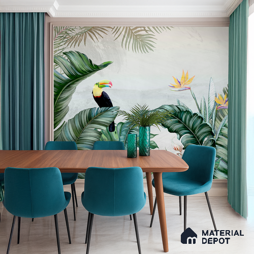 Tropical Canopy Birds Paradise Tropical Mist Nature Art | WP 03959 Non Woven Matte Finish Tropical Style Premium Customized size Wallpaper | 150 GSM WP01MTF Paper | (MOQ = 30 Sq. Ft.) | Design change not possible